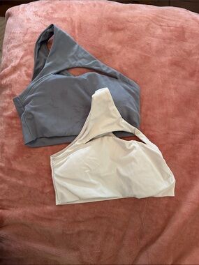 Alphalete One-Shoulder Sports Bras in Blue Gray and Cream